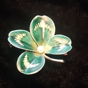 Antique Krementz 14Kt Gold Enamel Clover Pendant Brooch, Seed Pearl Center